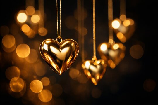 Golden heart ornaments hanging with bokeh lights for romantic background and elegant celebration banner design