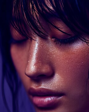 Close-up of woman face with wet dewy skin and water droplet. Technological cosmetics and hydration skincare concept. Beauty treatment for glowing complexion and moisture barrier