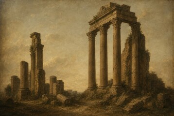 Fototapeta premium Ancient ruined temple with tall stone columns under a warm, hazy sky.