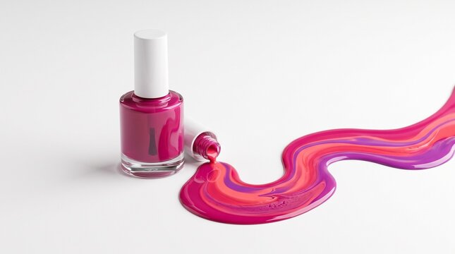 Luxury Nail Polish Bottle with Glossy Fuchsia Liquid Flow Creating an Abstract Painted Ribbon, Premium Cosmetic Product Photography with Vibrant Coral and Violet Colors