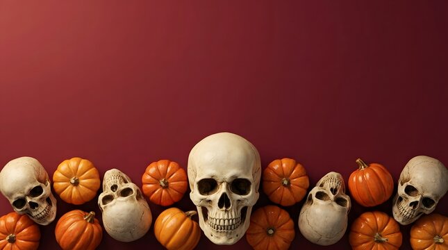 Skull and pumpkin decoration arrangement on red background for seasonal event theme.