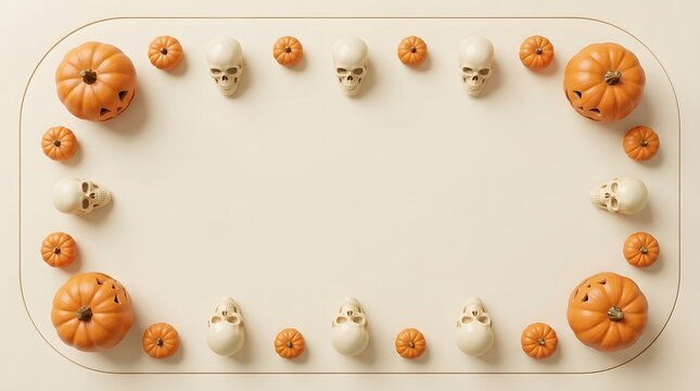 Minimalist halloween frame with pumpkins and skulls on light beige studio surface.