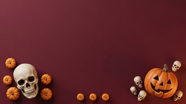 Halloween border design with pumpkins and skulls on a rich burgundy background.