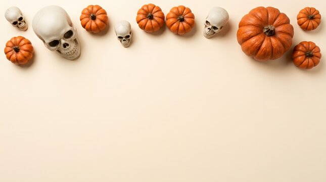 Halloween top border with pumpkins and skulls on a light beige background, flat lay.