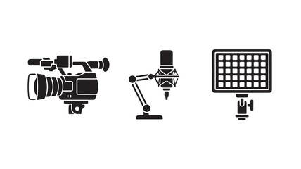 Fototapeta premium Professional video camera microphone and studio light silhouettes arranged for media production and content creation projects