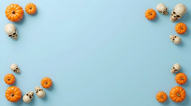 Blue frame with pumpkins and skulls corner arrangement holiday.