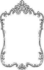 Naklejka premium Vintage wedding frame with elegant baroque crest. Hand drawn line illustration featuring ornate scrolls, floral flourishes and blank space for invitations or monograms.