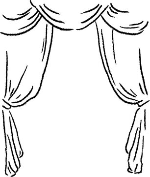 Classic wedding curtain frame with tied drapes. Hand drawn vintage line illustration with elegant theatrical folds and open copy space for invitations or cards. Crayon textured lines.