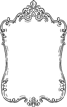 Vintage wedding frame with elegant baroque crest. Hand drawn line illustration featuring ornate scrolls, floral flourishes and blank space for invitations or monograms.