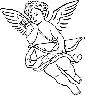 Vintage Cupid cherub resting with bow and arrows. Romantic black line angel illustration with wings, dreamy pose and classic Valentine or wedding invitations with textured crayon outline.