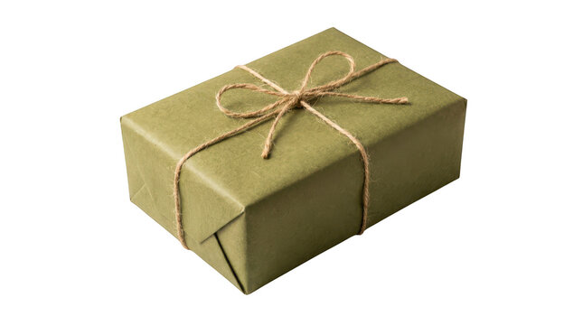 Gift box wrapped in plain olive green paper tied with rustic twine string isolated on transparent background