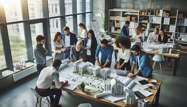 A brainstorming and architectural planning session in a modern work environment