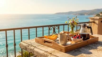 Fototapeta premium delicious breakfast tray with coffee, croissants, fresh fruit and flowers on balcony table overlooking blue sea. summer vacation, luxury resort holiday. copyspace, banner, website header.