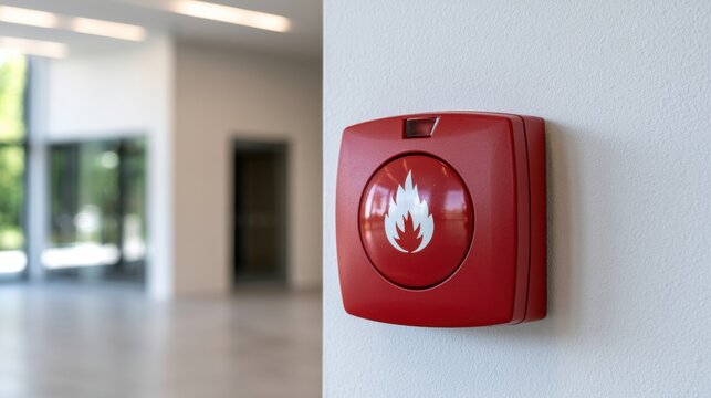 Red fire alarm system mounted on a white wall in a modern building interior with large windows and polished floor visible in the background
