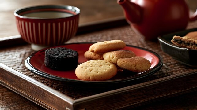 A wooden tray holds a red plate with assorted cookies and a cup of tea  alongside a red teapot and a small black dish