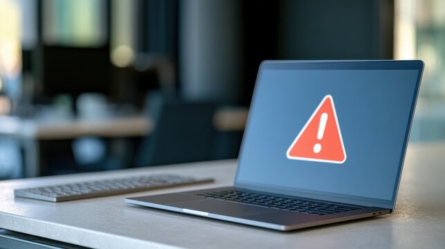 Laptop computer displaying warning alert symbol on screen, placed on a modern desk in a contemporary office environment with blurred background elements