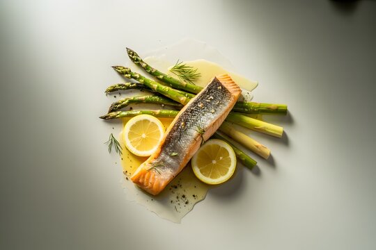 Pan seared salmon fillet served with asparagus spears and lemon slices
