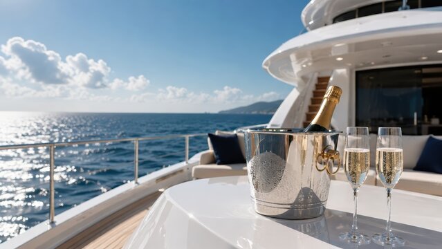 Chilled sparkling wine bottle in a silver ice bucket with two filled flutes on a luxury yacht deck, overlooking sunlit blue sea, distant coastline and clear summer sky with generous copy space.