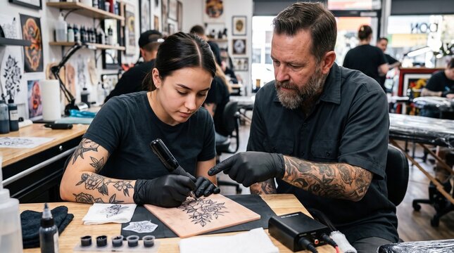 Professional tattoo artist teaching apprentice on synthetic skin