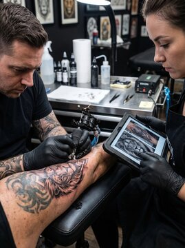 Professional Tattoo Artist Working on Detailed Lion Leg Tattoo