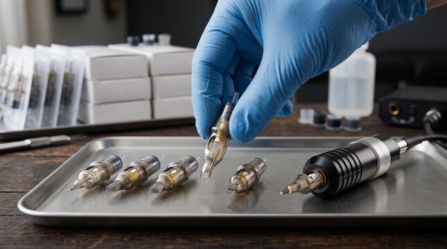 Hand in Blue Glove Holding Professional Tattoo Needle Cartridge