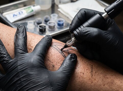 Close-up of Tattoo Artist Inking Design on Human Skin