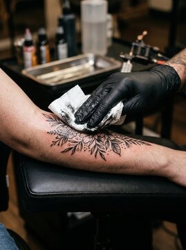 Tattoo artist cleaning a fresh floral tattoo on a forearm