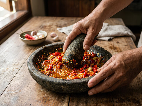 Grinding Fresh Red Chilies in Traditional Stone Mortar or Ulekan

A detailed close-up shot captures hands using a traditional stone mortar and pestle to grind fresh red chilies and garlic