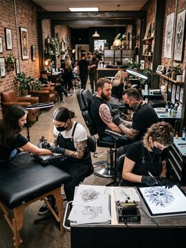 Professional tattoo artists working on clients in modern studio