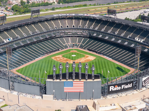 Chicago, IL, USA - August 14, 2026: An aerial view of MLB's Chicago White Sox's Rate Field. The baseball stadium has had many name changes over the years but is best known for Comisky.