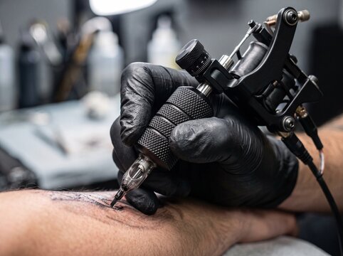 Professional tattoo artist applying ink to skin with tattoo machine