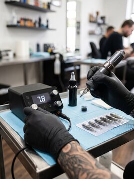 Professional Tattoo Artist Setting Up Equipment in a Studio
