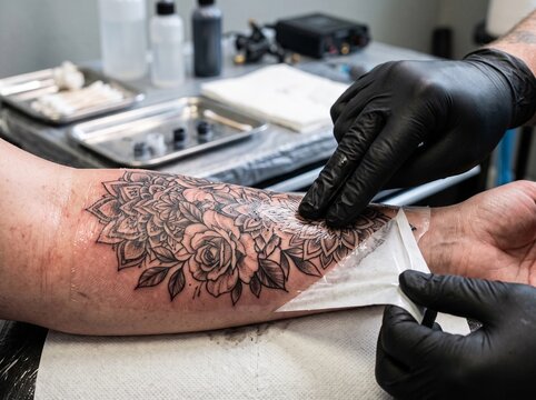 Tattoo Artist Applying Protective Film to a Fresh Floral Tattoo