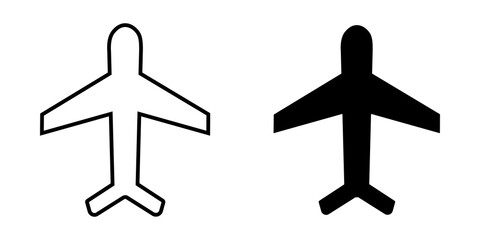 Simple black airplane icon set with solid and outline vector designs for travel and flight concepts © mimo