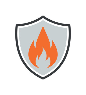 Fire protection shield emblem with orange flame symbol on white background