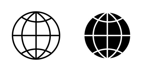 Black globe icons set showing earth maps in outline and solid styles for web and mobile design © mimo