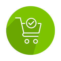 Green circular icon with a white shopping cart and a check mark symbol for online store checkout © mimo