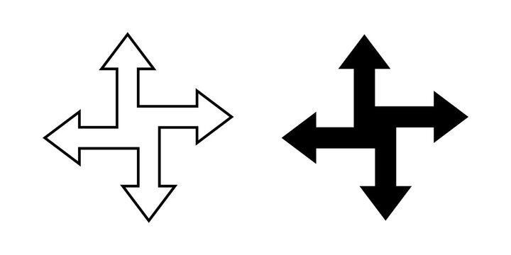 Black and outline four directional arrows set pointing in different directions as ui icons