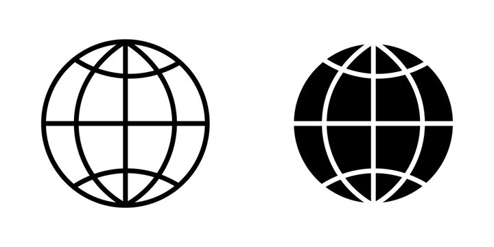 Black globe icons set showing earth maps in outline and solid styles for web and mobile design