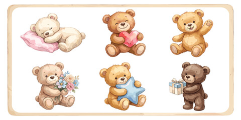 Fototapeta premium Seamless Vintage Vector Set Watercolor Teddy Bear Pattern on Beige Background, cute retro nursery design with hand painted plush toys for baby textile, wallpaper and fabric print