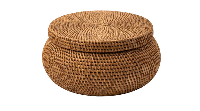 Round woven rattan storage basket with lid, isolated on transparent background