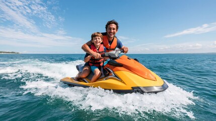 Obraz premium Father and son riding jet ski on ocean in summer
