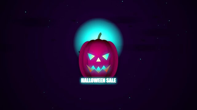 Halloween pumpkin sale animation with glowing neon moon background