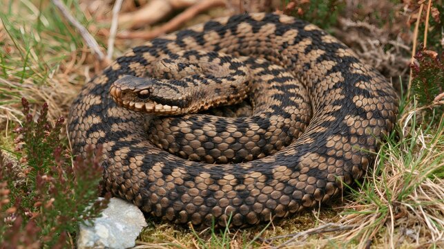 Common adder vipera berus coiled in natural habitat