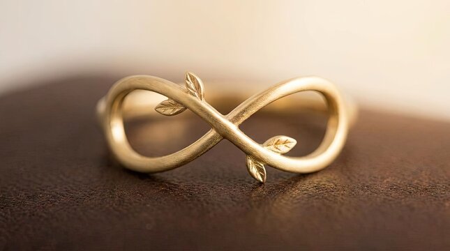 Gold infinity symbol ring with leaf accents