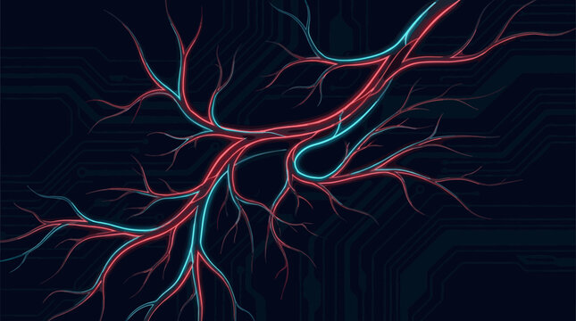 Abstract glowing neural network and circuit board connections