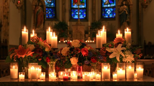Candles and flowers decorating church altar