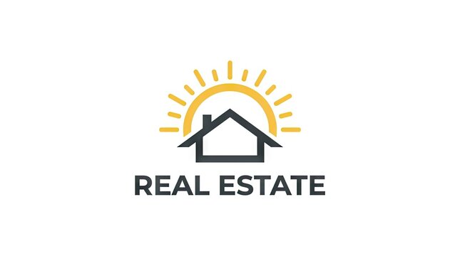 Real estate logo with sun and house silhouette.