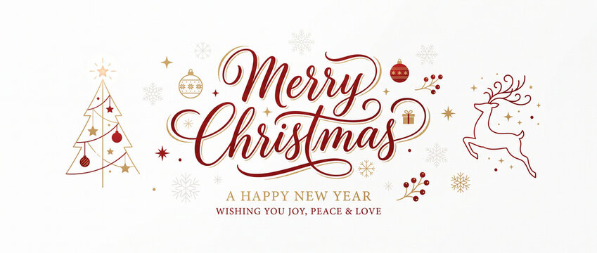 Merry christmas and happy new year wishes festive banner design with red and gold typography decorated tree reindeer on white background.