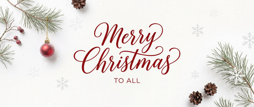 Merry Christmas social media cover banner website header design withl with red ornaments pine cones and fir branches on white background.